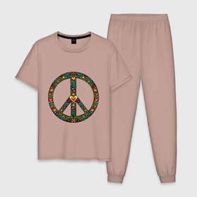 Мужская пижама хлопок с принтом Pacific symbol в Белгороде, 100% хлопок | брюки и футболка прямого кроя, без карманов, на брюках мягкая резинка на поясе и по низу штанин
 | Тематика изображения на принте: hippie | pacific | peace | world of peace | мир | мир во всем мире | мирный | мировой | птицы | сердце | хиппи | цветы