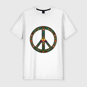 Мужская футболка хлопок Slim с принтом Pacific symbol в Петрозаводске, 92% хлопок, 8% лайкра | приталенный силуэт, круглый вырез ворота, длина до линии бедра, короткий рукав | hippie | pacific | peace | world of peace | мир | мир во всем мире | мирный | мировой | птицы | сердце | хиппи | цветы