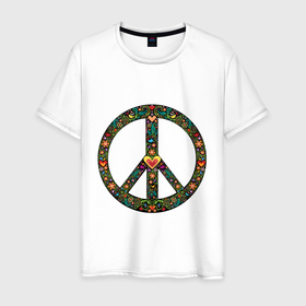 Мужская футболка хлопок с принтом Pacific symbol в Санкт-Петербурге, 100% хлопок | прямой крой, круглый вырез горловины, длина до линии бедер, слегка спущенное плечо. | hippie | pacific | peace | world of peace | мир | мир во всем мире | мирный | мировой | птицы | сердце | хиппи | цветы