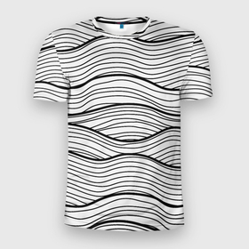 Мужская футболка 3D Slim с принтом Линии Морских Волн , 100% полиэстер с улучшенными характеристиками | приталенный силуэт, круглая горловина, широкие плечи, сужается к линии бедра | abstraction | figure | geometry | isometric | pattern | shape | абстракция | волны | геометрия | изометрический | линии | море | узор | фигура | форма
