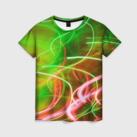 Женская футболка 3D с принтом Неоновые линии и фонари   Зелёный в Санкт-Петербурге, 100% полиэфир ( синтетическое хлопкоподобное полотно) | прямой крой, круглый вырез горловины, длина до линии бедер | abstraction | art | artwork | colorful | colors | flas | graphics | lights | lines | neon | patterns | surrealism | waves | абстракция | арт | волны | графика | искусство | линии | неон | разноцветный | сюрреализм | узоры | фонари | цвета