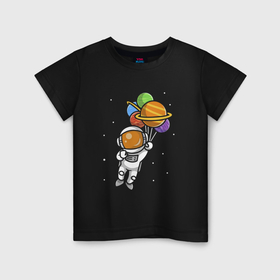 Детская футболка хлопок с принтом Юный Космонавт в Новосибирске, 100% хлопок | круглый вырез горловины, полуприлегающий силуэт, длина до линии бедер | воздушные шары | звезды | космонавт | космос | планеты | юный космонавт