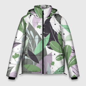Мужская зимняя куртка 3D с принтом Зелёные, серые, голубые, сиреневые листья на белом фоне в Белгороде, верх — 100% полиэстер; подкладка — 100% полиэстер; утеплитель — 100% полиэстер | длина ниже бедра, свободный силуэт Оверсайз. Есть воротник-стойка, отстегивающийся капюшон и ветрозащитная планка. 

Боковые карманы с листочкой на кнопках и внутренний карман на молнии. | Тематика изображения на принте: бесшовный паттерн | весенний | зелёные листья | летний | листок | листопад | листочки | листочковый | листья | много листьев | мягкие цвета | нежный | пастельный | паттерн | паттерн из листьев