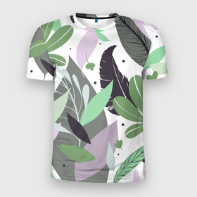 Мужская футболка 3D Slim с принтом Зелёные, серые, голубые, сиреневые листья на белом фоне в Новосибирске, 100% полиэстер с улучшенными характеристиками | приталенный силуэт, круглая горловина, широкие плечи, сужается к линии бедра | бесшовный паттерн | весенний | зелёные листья | летний | листок | листопад | листочки | листочковый | листья | много листьев | мягкие цвета | нежный | пастельный | паттерн | паттерн из листьев