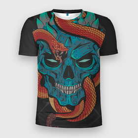 Мужская футболка 3D Slim с принтом Blue Devil and Snake в Петрозаводске, 100% полиэстер с улучшенными характеристиками | приталенный силуэт, круглая горловина, широкие плечи, сужается к линии бедра | гремучая змея | змея | монстр | череп | ядовитая змея