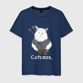 Мужская футболка хлопок с принтом Котьмак в Новосибирске, 100% хлопок | прямой крой, круглый вырез горловины, длина до линии бедер, слегка спущенное плечо. | cat | kitten | wild hunt | witcher | белый | ведьмак | волк | гвинт | геральт | кот | котята | кошка | меч | плотва | предназначение | шрам
