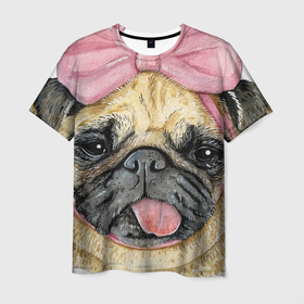 Мужская футболка 3D с принтом Мопсик улыбашка милашка c бантиком в Екатеринбурге, 100% полиэфир | прямой крой, круглый вырез горловины, длина до линии бедер | акварель | животное | зверушка | милая собачка | мило | милое животное | мимими | мопс | мопсик | няшно | песик | собака | собака улыбака
