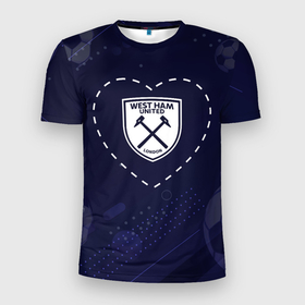 Мужская футболка 3D Slim с принтом Лого West Ham в сердечке на фоне мячей в Ухте, 100% полиэстер с улучшенными характеристиками | приталенный силуэт, круглая горловина, широкие плечи, сужается к линии бедра | 