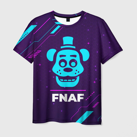 Мужская футболка 3D с принтом Символ FNAF в неоновых цветах на темном фоне , 100% полиэфир | прямой крой, круглый вырез горловины, длина до линии бедер | five | fnaf | freddy | logo | neon | nights | игра | игры | краска | лого | логотип | найт | неон | символ | файв | фнаф | фредди
