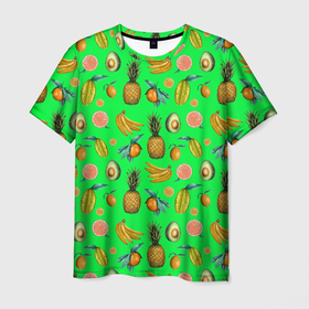 Мужская футболка 3D с принтом FAVORITE EXOTIC FRUITS в Курске, 100% полиэфир | прямой крой, круглый вырез горловины, длина до линии бедер | bananas | exotic | food | green | kiwi | leaf | lemon | natural | orange | pineapple | plant | sweet | tropical | yellow | ананас | апельсин | бананы | еда | желтый | зеленый | киви | лимон | лист | натуральный | оранжевый | растение | сладкий | тропическ