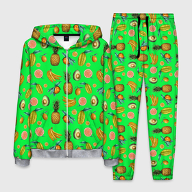 Мужской костюм 3D с принтом FAVORITE EXOTIC FRUITS в Новосибирске, 100% полиэстер | Манжеты и пояс оформлены тканевой резинкой, двухслойный капюшон со шнурком для регулировки, карманы спереди | bananas | exotic | food | green | kiwi | leaf | lemon | natural | orange | pineapple | plant | sweet | tropical | yellow | ананас | апельсин | бананы | еда | желтый | зеленый | киви | лимон | лист | натуральный | оранжевый | растение | сладкий | тропическ