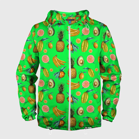 Мужская ветровка 3D с принтом FAVORITE EXOTIC FRUITS в Санкт-Петербурге, 100% полиэстер | подол и капюшон оформлены резинкой с фиксаторами, два кармана без застежек по бокам, один потайной карман на груди | bananas | exotic | food | green | kiwi | leaf | lemon | natural | orange | pineapple | plant | sweet | tropical | yellow | ананас | апельсин | бананы | еда | желтый | зеленый | киви | лимон | лист | натуральный | оранжевый | растение | сладкий | тропическ