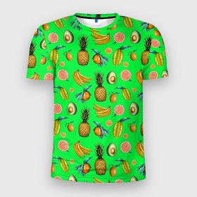 Мужская футболка 3D Slim с принтом FAVORITE EXOTIC FRUITS в Санкт-Петербурге, 100% полиэстер с улучшенными характеристиками | приталенный силуэт, круглая горловина, широкие плечи, сужается к линии бедра | Тематика изображения на принте: bananas | exotic | food | green | kiwi | leaf | lemon | natural | orange | pineapple | plant | sweet | tropical | yellow | ананас | апельсин | бананы | еда | желтый | зеленый | киви | лимон | лист | натуральный | оранжевый | растение | сладкий | тропическ