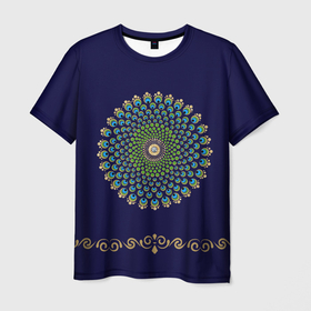 Мужская футболка 3D с принтом Мандала из перьев павлина в Новосибирске, 100% полиэфир | прямой крой, круглый вырез горловины, длина до линии бедер | йога | круг | медитация | павлин | павлиньи перья | перо | перо павлина | перья | перья павлина | узор | чакры | эзотерика