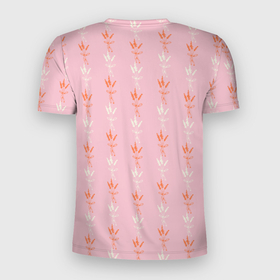 Мужская футболка 3D Slim с принтом Веточки лаванды розовый паттерн в Белгороде, 100% полиэстер с улучшенными характеристиками | приталенный силуэт, круглая горловина, широкие плечи, сужается к линии бедра | ботаника | коралловый | лаванда | паттерн | природа | растения | розовый | садовые растения | сухоцвет
