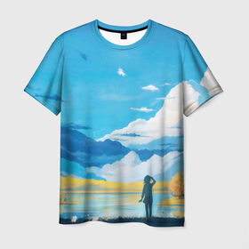 Мужская футболка 3D с принтом Горное озеро осенним днём , 100% полиэфир | прямой крой, круглый вырез горловины, длина до линии бедер | Тематика изображения на принте: горы | озеро | осень | пейзаж | природа