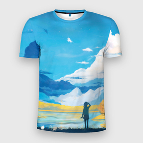 Мужская футболка 3D Slim с принтом Горное озеро осенним днём , 100% полиэстер с улучшенными характеристиками | приталенный силуэт, круглая горловина, широкие плечи, сужается к линии бедра | Тематика изображения на принте: горы | озеро | осень | пейзаж | природа