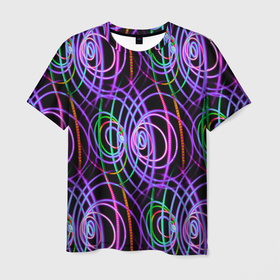 Мужская футболка 3D с принтом Неоновые круги и линии   Фиолетовый в Тюмени, 100% полиэфир | прямой крой, круглый вырез горловины, длина до линии бедер | abstraction | art | artwork | circles | colorful | colors | graphics | lines | neon | patterns | surrealism | waves | абстракция | арт | волны | графика | искусство | круги | линии | неон | разноцветный | сюрреализм | узоры | цвета