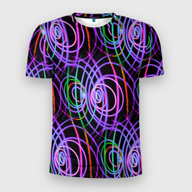 Мужская футболка 3D Slim с принтом Неоновые круги и линии   Фиолетовый в Тюмени, 100% полиэстер с улучшенными характеристиками | приталенный силуэт, круглая горловина, широкие плечи, сужается к линии бедра | Тематика изображения на принте: abstraction | art | artwork | circles | colorful | colors | graphics | lines | neon | patterns | surrealism | waves | абстракция | арт | волны | графика | искусство | круги | линии | неон | разноцветный | сюрреализм | узоры | цвета