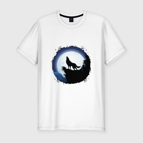 Мужская футболка хлопок Slim с принтом Песня волка луне , 92% хлопок, 8% лайкра | приталенный силуэт, круглый вырез ворота, длина до линии бедра, короткий рукав | арт | вой | волк | волк воет | волк воет на луну | волк воет ночью | луна | рисунок