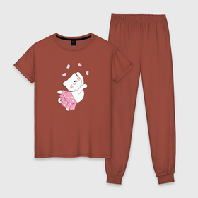 Женская пижама хлопок с принтом Кот и бабочки в Белгороде, 100% хлопок | брюки и футболка прямого кроя, без карманов, на брюках мягкая резинка на поясе и по низу штанин | бабочки | грация | кот | позитив | танец