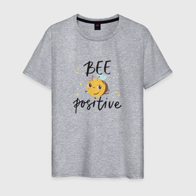 Мужская футболка хлопок с принтом Bee positive в Белгороде, 100% хлопок | прямой крой, круглый вырез горловины, длина до линии бедер, слегка спущенное плечо. | надпись | позитив | пчела | цветы | юмор