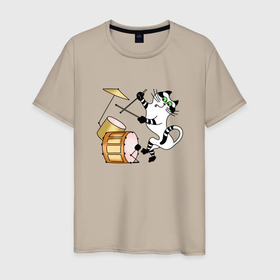 Мужская футболка хлопок с принтом Кот и барабан в Тюмени, 100% хлопок | прямой крой, круглый вырез горловины, длина до линии бедер, слегка спущенное плечо. | cat | котенок | котики | коты | кошки