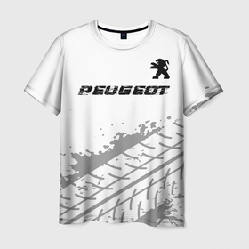 Мужская футболка 3D с принтом Peugeot Speed на светлом фоне со следами шин в Белгороде, 100% полиэфир | прямой крой, круглый вырез горловины, длина до линии бедер | auto | brand | logo | peugeot | speed | symbol | авто | бренд | лого | пежо | символ | следы | шины