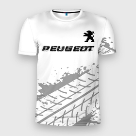 Мужская футболка 3D Slim с принтом Peugeot Speed на светлом фоне со следами шин в Белгороде, 100% полиэстер с улучшенными характеристиками | приталенный силуэт, круглая горловина, широкие плечи, сужается к линии бедра | auto | brand | logo | peugeot | speed | symbol | авто | бренд | лого | пежо | символ | следы | шины