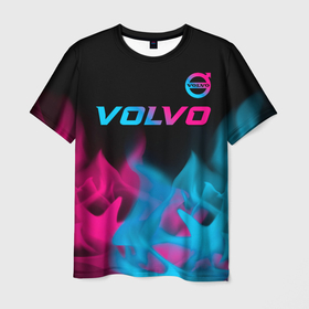 Мужская футболка 3D с принтом Volvo Neon Gradient в Новосибирске, 100% полиэфир | прямой крой, круглый вырез горловины, длина до линии бедер | auto | brand | logo | symbol | volvo | авто | бренд | вольво | градиент | лого | неон | огонь | пламя | символ