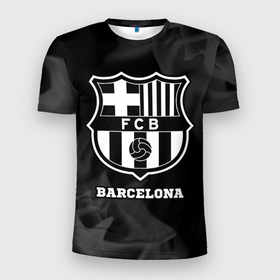 Мужская футболка 3D Slim с принтом Barcelona Sport на темном фоне , 100% полиэстер с улучшенными характеристиками | приталенный силуэт, круглая горловина, широкие плечи, сужается к линии бедра | barca | barcelona | club | football | logo | sport | барса | барселона | клуб | лого | мяч | огонь | пламя | символ | спорт | футбол | футболист | футболисты | футбольный