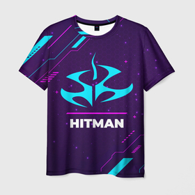 Мужская футболка 3D с принтом Символ Hitman в неоновых цветах на темном фоне в Тюмени, 100% полиэфир | прямой крой, круглый вырез горловины, длина до линии бедер | hitman | logo | neon | игра | игры | краска | лого | логотип | неон | символ | спрей | хитман