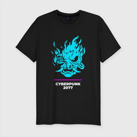 Мужская футболка хлопок Slim с принтом Символ Cyberpunk 2077 в неоновых цветах в Екатеринбурге, 92% хлопок, 8% лайкра | приталенный силуэт, круглый вырез ворота, длина до линии бедра, короткий рукав | 
