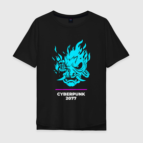 Мужская футболка хлопок Oversize с принтом Символ Cyberpunk 2077 в неоновых цветах в Курске, 100% хлопок | свободный крой, круглый ворот, “спинка” длиннее передней части | 