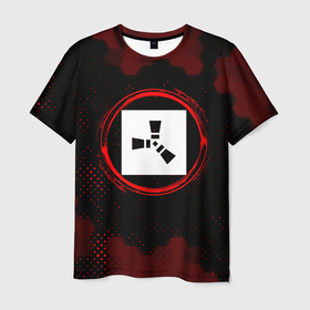 Мужская футболка 3D с принтом Символ Rust и краска вокруг на темном фоне в Белгороде, 100% полиэфир | прямой крой, круглый вырез горловины, длина до линии бедер | Тематика изображения на принте: logo | rust | игра | игры | краска | лого | логотип | раст | символ | соты