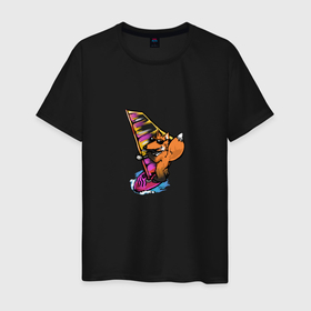 Мужская футболка хлопок с принтом Fox   windsurfer в Рязани, 100% хлопок | прямой крой, круглый вырез горловины, длина до линии бедер, слегка спущенное плечо. | Тематика изображения на принте: fox | windsurfer | виндсёрфер | волна | доска | лиса | море