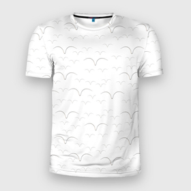 Мужская футболка 3D Slim с принтом Белые чайкив полете в Петрозаводске, 100% полиэстер с улучшенными характеристиками | приталенный силуэт, круглая горловина, широкие плечи, сужается к линии бедра | белый | несимметричный | полет | птицы | чайка