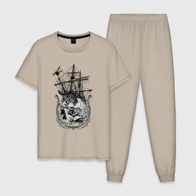Мужская пижама хлопок с принтом The frigate and the Pirates Skull в Тюмени, 100% хлопок | брюки и футболка прямого кроя, без карманов, на брюках мягкая резинка на поясе и по низу штанин
 | anchor | emblem | fish | frigate | mast | ornament | skull | мачта | орнамент | рыба | фрегат | череп | эмблема | якорь