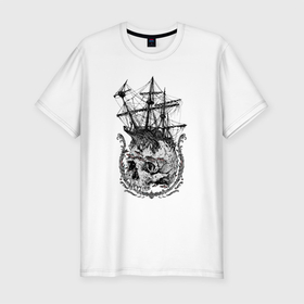 Мужская футболка хлопок Slim с принтом The frigate and the Pirates Skull в Тюмени, 92% хлопок, 8% лайкра | приталенный силуэт, круглый вырез ворота, длина до линии бедра, короткий рукав | anchor | emblem | fish | frigate | mast | ornament | skull | мачта | орнамент | рыба | фрегат | череп | эмблема | якорь