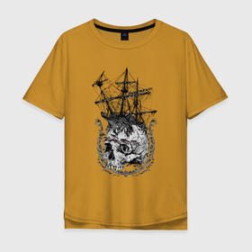 Мужская футболка хлопок Oversize с принтом The frigate and the Pirates Skull в Екатеринбурге, 100% хлопок | свободный крой, круглый ворот, “спинка” длиннее передней части | Тематика изображения на принте: anchor | emblem | fish | frigate | mast | ornament | skull | мачта | орнамент | рыба | фрегат | череп | эмблема | якорь