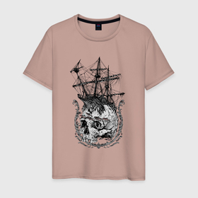Мужская футболка хлопок с принтом The frigate and the Pirates Skull в Курске, 100% хлопок | прямой крой, круглый вырез горловины, длина до линии бедер, слегка спущенное плечо. | anchor | emblem | fish | frigate | mast | ornament | skull | мачта | орнамент | рыба | фрегат | череп | эмблема | якорь