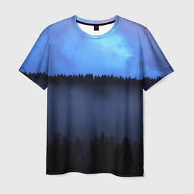Мужская футболка 3D с принтом Неоновое небо над лесом в Санкт-Петербурге, 100% полиэфир | прямой крой, круглый вырез горловины, длина до линии бедер | forest | деревья | дым | лес | мрачный лес | небо | неон | неоновый | природа | туман