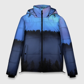 Мужская зимняя куртка 3D с принтом Неоновое небо над лесом в Новосибирске, верх — 100% полиэстер; подкладка — 100% полиэстер; утеплитель — 100% полиэстер | длина ниже бедра, свободный силуэт Оверсайз. Есть воротник-стойка, отстегивающийся капюшон и ветрозащитная планка. 

Боковые карманы с листочкой на кнопках и внутренний карман на молнии. | Тематика изображения на принте: forest | деревья | дым | лес | мрачный лес | небо | неон | неоновый | природа | туман
