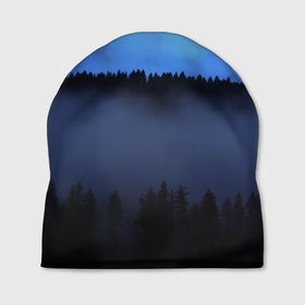 Шапка 3D с принтом Неоновое небо над лесом в Тюмени, 100% полиэстер | универсальный размер, печать по всей поверхности изделия | forest | деревья | дым | лес | мрачный лес | небо | неон | неоновый | природа | туман