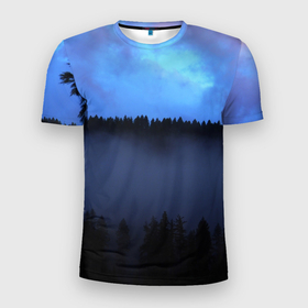 Мужская футболка 3D Slim с принтом Неоновое небо над лесом в Тюмени, 100% полиэстер с улучшенными характеристиками | приталенный силуэт, круглая горловина, широкие плечи, сужается к линии бедра | forest | деревья | дым | лес | мрачный лес | небо | неон | неоновый | природа | туман