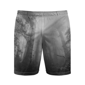 Мужские шорты спортивные с принтом Темный мрачный лес (деревья) в Санкт-Петербурге,  |  | forest | деревья | дым | лес | мрачный лес | природа | туман