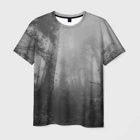 Мужская футболка 3D с принтом Темный мрачный лес (деревья) в Белгороде, 100% полиэфир | прямой крой, круглый вырез горловины, длина до линии бедер | forest | деревья | дым | лес | мрачный лес | природа | туман