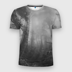 Мужская футболка 3D Slim с принтом Темный мрачный лес (деревья) в Петрозаводске, 100% полиэстер с улучшенными характеристиками | приталенный силуэт, круглая горловина, широкие плечи, сужается к линии бедра | forest | деревья | дым | лес | мрачный лес | природа | туман