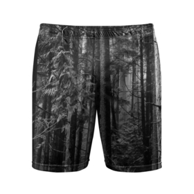Мужские шорты спортивные с принтом Темный жуткий лес в Белгороде,  |  | forest | деревья | дым | жуткий | лес | мрачный лес | природа | туман