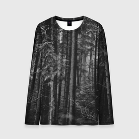 Мужской лонгслив 3D с принтом Темный жуткий лес в Белгороде, 100% полиэстер | длинные рукава, круглый вырез горловины, полуприлегающий силуэт | Тематика изображения на принте: forest | деревья | дым | жуткий | лес | мрачный лес | природа | туман